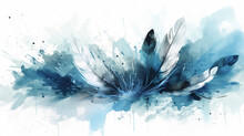 Watercolor Background With Blue And White Feathers. Hand Drawn Illustration. Generative Ai