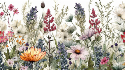 Wall Mural - Watercolor floral background with wildflowers. Hand drawn illustration. generative ai