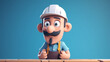 3d illustration of cartoon a builder with a hard hat and overalls