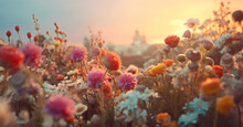 Field Flower Meadow Beautiful Sunset Countryside Violet Blooming Pink Nature Background. Generative AI.