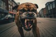 Aggressiver Hund mit spitzen Zähnen bellt, knurrt und greift Betrachter an
