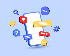 Wall Mural - Mobile phone with chat message speech bubble icon. social media and social network online communication background, question mark, hashtag, love, like, comment, save icons - vector 3d smartphone