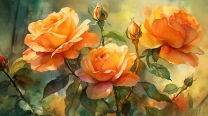 Wall Mural - Watercolor painting of orange roses on watercolor background. Hand drawn illustration. generated ai