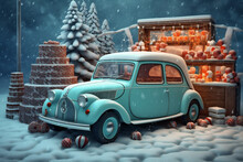 car holiday festive gift christmas snow winter candy merry retro. Generative AI.