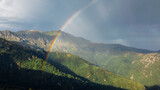 Fototapeta Tęcza - Aerial view of rainbow among green fields and coniferous forest in the mountains. Italian Alps. Natural background.