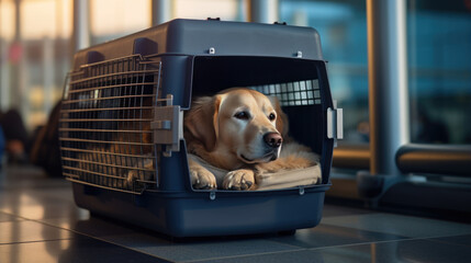 Poster - Dog sits in a carrier bag in airport .