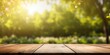 Spring summer beautiful nature background with blurred park trees in sunlight and empty wooden table