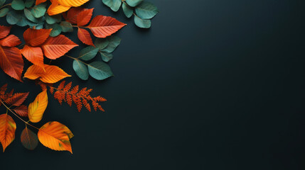 Canvas Print - Top view, autumn orange, red, yellow fresh leaves, on dark green background with place for text.