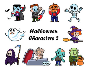 Cute halloween cartoon characters . White isolated background . Vector . Set 2 of 4 .