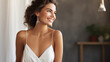 Smiling woman in white evening dress with diamond jewelry in the shop, young bride, Beautiful young woman with white Dress, Elegant Woman in Sexy Evening Gown, copy space, International Women Day