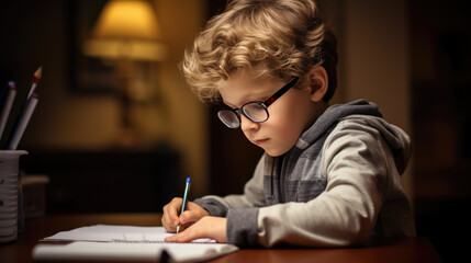 Wall Mural - Little boy draws sitting at a table