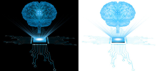 Poster - microchip with spot light hologram or holographic artificial intelligence concept. human brain blue futuristic design transparent background