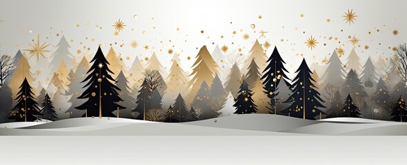 Beautiful christmas holiday background with a forest in black and gold. Abstract winter wallpaper.