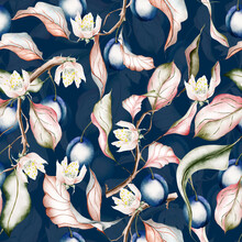 Delicate Twigs With Plum And Flowers On Blue Vintage Watercolor Seamless Pattern