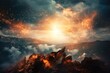 Background of the top of a mountain with many clouds in the sky and a heavenly light way to salvation cover Generative AI Illustration