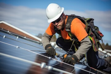 Poster - Worker mounts solar panels.