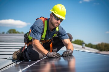 Poster - Worker repairing solar panel.