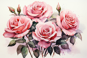 Wall Mural - Pink roses drawn with watercolor isolated on white background.