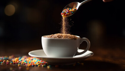 Sticker - A frothy mocha latte pouring into a gourmet saucer generated by AI