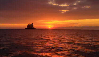 Poster - Sailing ship silhouette on tranquil blue horizon over water generated by AI