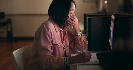 Aufkleber - Student, woman and tired on computer for night research, studying and writing notes for university or college. Young person with depression, fatigue and yawning on campus PC and notebook for learning