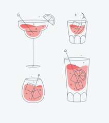 Cocktail glasses margarita whiskey long island old fashioned drawing in flat line style