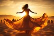Beautiful woman in a long dress dancing in the desert at sunset