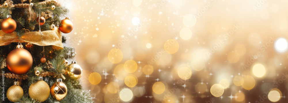 Christmas tree decorated with Golden balls on a blurred, sparkling and ...