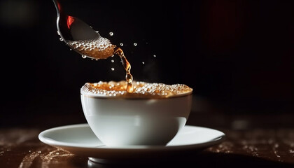 Sticker - Hot coffee pouring into saucer, creating refreshing aroma and bubbles generated by AI