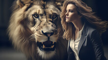 Resilient Business Woman Facing An Old Lion