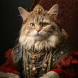 Portrait of cat dressed up as a queen in elegant renaissance clothes. Generative AI