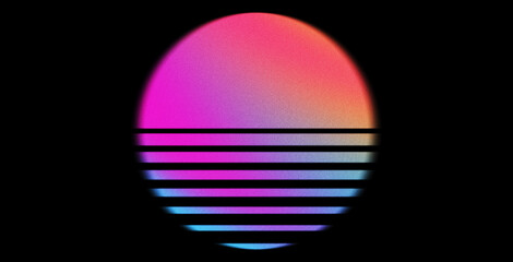 Poster - Retro sun in 80`s style. Vaporvave, retrowave, synthwave futuristic background with sunset. Trendy design for sci-fi, cyber abstract poster, print. Abstract pastel holographic blurred grainy gradient 