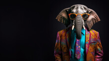 Cool Looking Elephant Wearing Funky Fashion Dress - Jacket, Tie, Glasses. Wide Banner With Space For Text At Side. Stylish Animal Posing As Supermodel. Generative AI