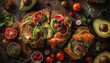 © Stockgiu - Grilled avocado and beef ciabatta sandwich, a gourmet healthy meal generated by AI