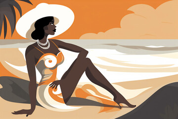 Wall Mural - woman vacation sand concept tanned young beige summer beach black hat. Generative AI.