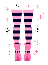 Witch Legs In Pink Striped Stockings Vector Flat Illustration. Halloween Witch Legs In Boots