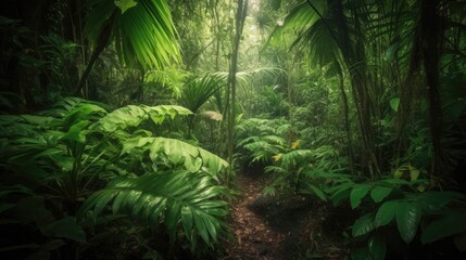   Lush Green Foliage in Tropical Jungle