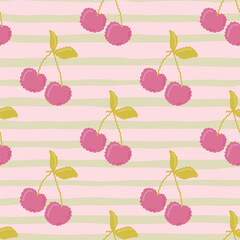 Wall Mural - Cute cherry seamless pattern. Hand drawn cherries wallpaper.