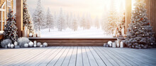 Christmas, Winter Mockup With Snowy Nature Landscape. Banner With Terrace, Copyspace. Outdoor Patio, Park Template With Christmas Decorations.New Year Holidays Background. Generative Ai