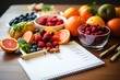 Weekly balanced diet plan with fresh healthy food and a variety of healthy foods on the table.