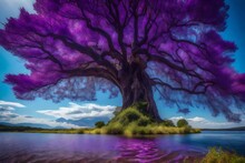 Scenery, Concept, A Giant Tree Next To A River Of Purple Water, Blue Sky, Masterpiece, Best Quality, Intricate Detail, Absurd Res, Chromatic Aberration - AI Generative
