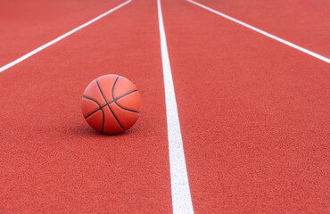 Wall Mural - New orange basketball on orange court of gymnasium sport floor. Horizontal sport theme poster, greeting cards, headers, website and app