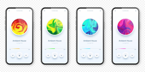 Wall Mural - Online audio player user interface, smartphone app UI design. Music, media streaming and listening platform. Responsive mobile application. Neumorphism, neumorphic style. Vector illustration.