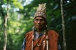 © Justlight - Indigenous elder in traditional garb stands solemnly in onceverdant forest now laid by industrial encroachment. silent stand, apostasy against devastation inflicted unequally upon people, echoes