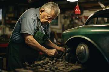 older Caucasian male spends evening meticulously restoring vintage car in garage. Filled with sense of nostalgia and pride, he undergoes positive reappraisal, reevaluating and finding positive