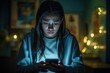 adolescent Latino girl seen in high school, situated in suburban neighborhood, she constantly checks social media interactions. obsession about online presence and fear of negative evaluation