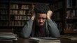 young adult African American male in quiet library struggles to concentrate on book in hands. restlessness and indecisiveness latent indicators of cognitive symptoms of depression.