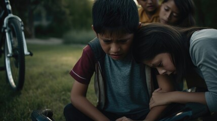 adolescent Hispanic boy can be seen at suburban park helping younger sister to ride bicycle. responsible behavior indicates successful role transition and emotional adjustment from childhood