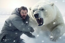 In Harsh, Isolated Setting, Young Snowwhite Caucasian Male Scientist, Confronted By Extreme Threat Of Polar Bear Encounter, Goes Into Fightorflight Stress Response. Body Prepares