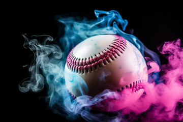 Baseball ball on black background with blue and pink steam. Abstract. 